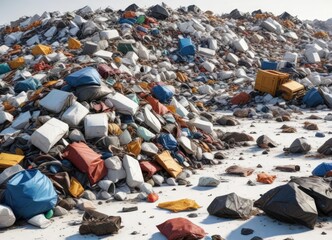 A massive heap of garbage and debris on a white surface, huge mess, enormous trash pile