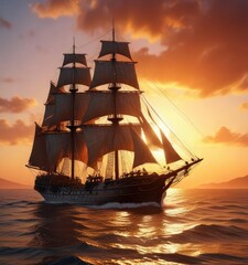 Obraz premium A majestic sailing ship sails through a fiery sunset, majestic sailing ship, sailing experience, warm colors