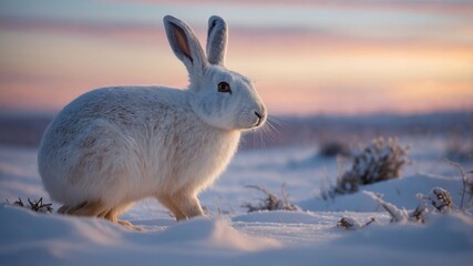 Obraz premium A serene white rabbit in a snowy landscape during sunset.