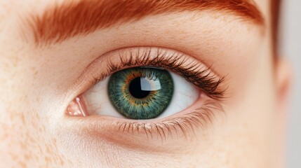 Fototapeta premium Green Eyes Close-up: A captivating close-up reveals a mesmerizing green eye, the intricate details of the iris and lashes highlighted. The subtle freckles add a touch of natural beauty. 