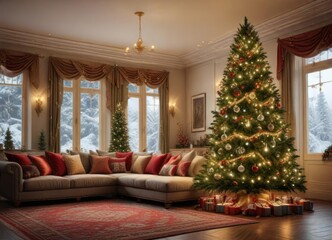A majestic fir tree decorated with sparkling ornaments and glittering garlands in a warm and inviting living room, cozy atmosphere, fir tree