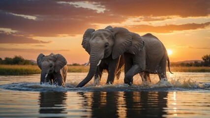 Obraz premium Elephants wade through water at sunset, showcasing their natural habitat and family bonds.
