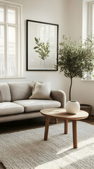 Scandinavian living room, sunlight, plant, sofa, serenity