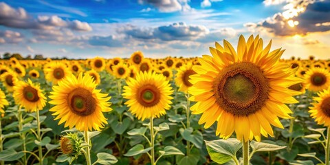 Fototapeta premium A lush meadow of golden yellow sunflowers stands tall and proud on a warm summer day, dusty, fluffy, warm, sunflower