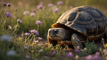 Obraz premium A tortoise among blooming flowers in a serene natural setting.