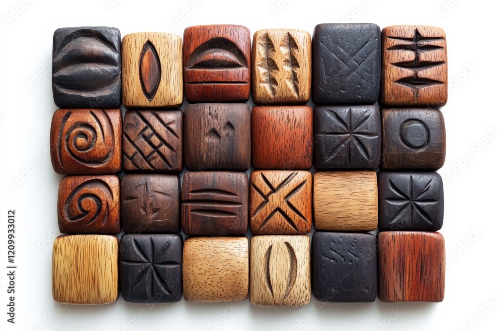 Poster a set of twenty-five smooth wooden blocks, each featuring unique carved designs, arranged neatly, hi