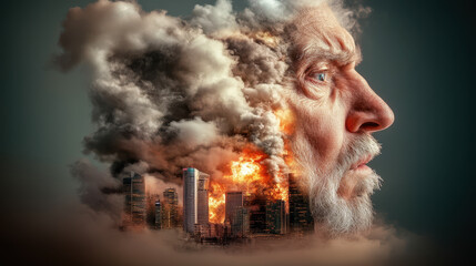 Surreal profile of an elderly man blending with a burning cityscape engulfed in smoke and flames