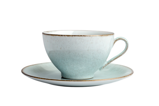 delicate ceramic tea cup and saucer set. showcasing a soft blue-green hue with a subtle speckled texture and a gold rim. ideal for serving tea or coffee in an elegant manner