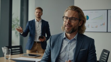 Fototapeta premium Businessmen discussing strategies in a modern conference room during a corporate meeting