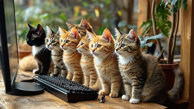 Kitten Crew Watching Screen: Six adorable kittens of varying colors and patterns sit intently watching a computer screen, their curiosity palpable.  A seventh kitten peers from the side.