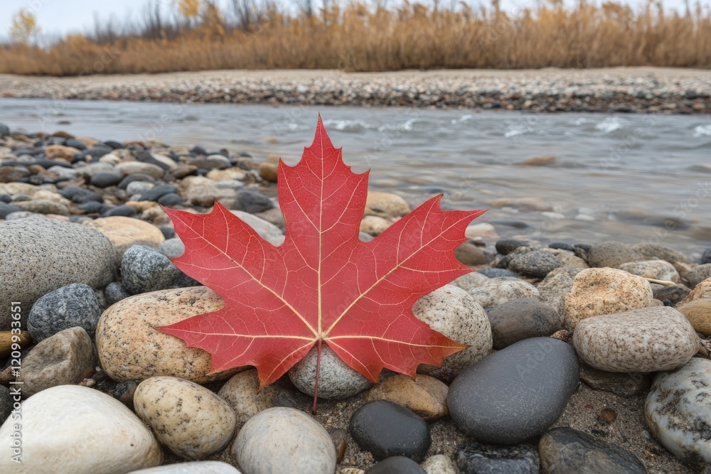 Poster a vibrant red maple leaf rests on smooth pebbles by a calm river, bordered by autumn foliage, creati