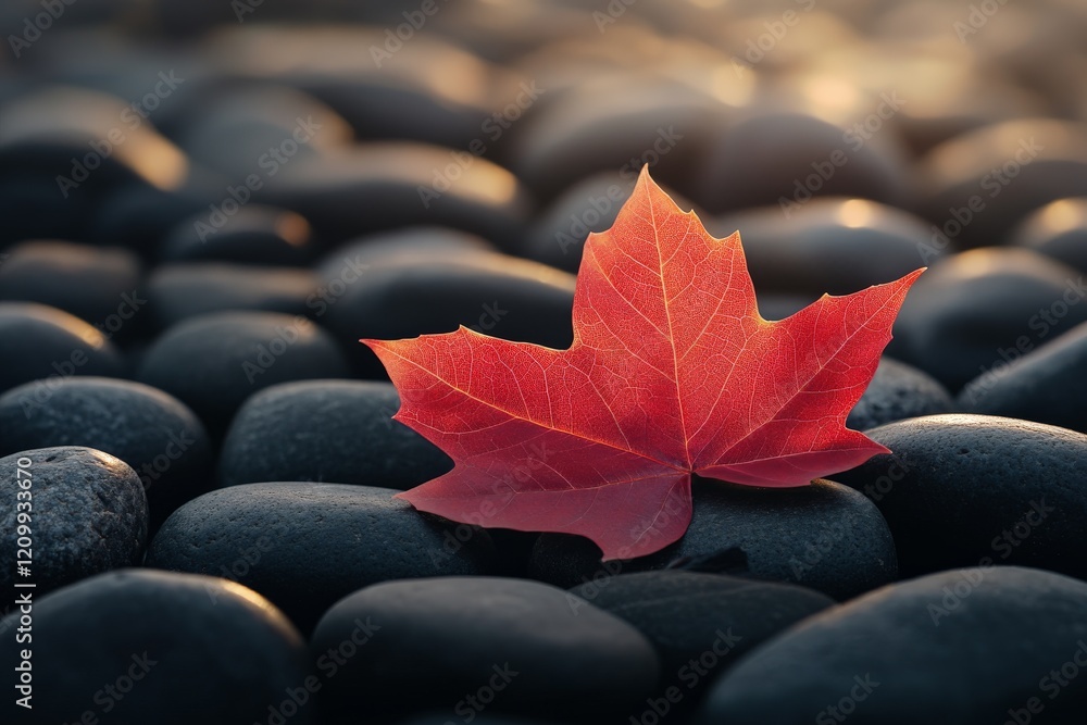 Poster a single maple leaf glows softly in the warm sunlight, surrounded by dark pebbles, reflecting a natu