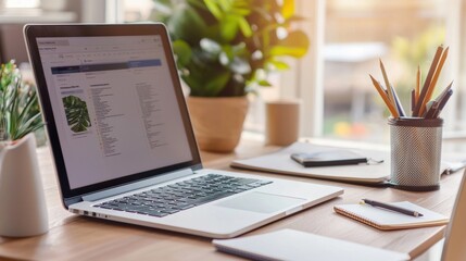 Desk setup with laptop displaying job portal and notes