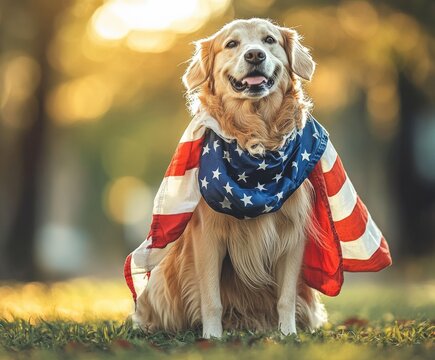 Golden retriever wearing an American flag scarf, symbolizing patriotism