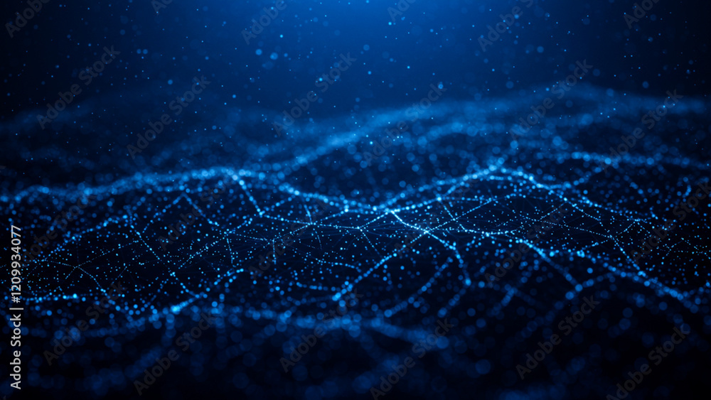 Poster a deep blue digital backdrop featuring shimmering blue light particles and regions of profound depth