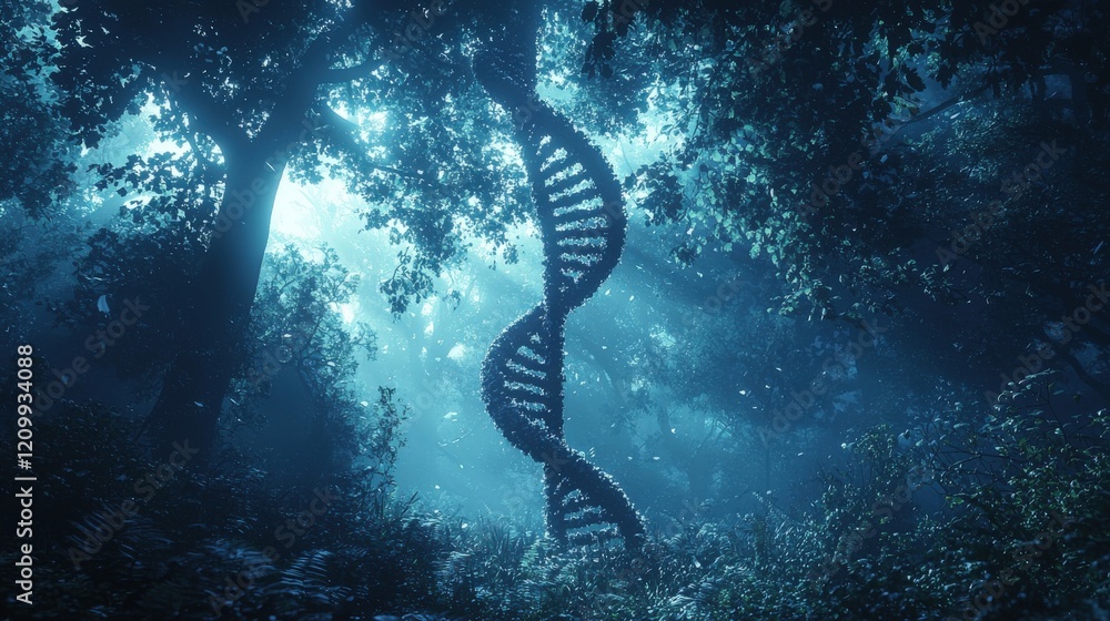 Poster dna double helix structure resembling redwood trees in enchanted forest with ethereal lighting and m
