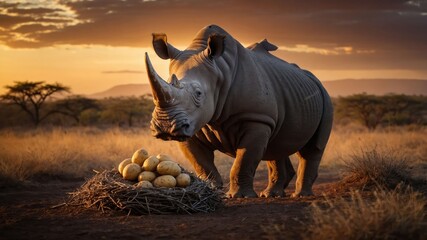 Fototapeta premium A rhinoceros stands near a nest of eggs during a sunset in a savanna landscape.