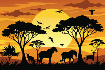 Panorama silhouette tree in africa with sunset