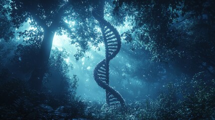 DNA Double Helix Structure Resembling Redwood Trees in Enchanted Forest with Ethereal Lighting and Mysterious Atmosphere