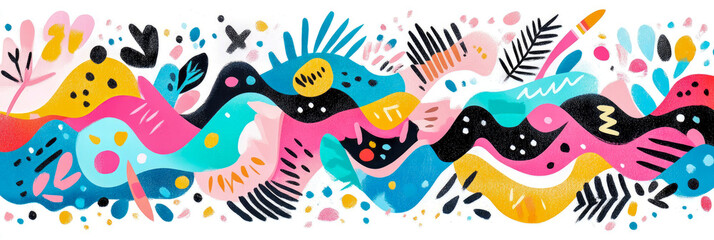 Abstract Colorful Floral Wave Pattern: A vibrant, organic composition of flowing shapes, floral motifs, and bold colors