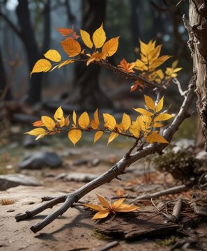 A coloquintes on a branch with dead twigs and leaves, coloquintes, landscape