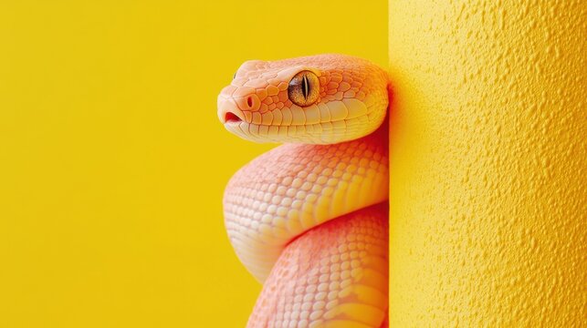 Vibrant orange albino python coiled against yellow background focusing on texture