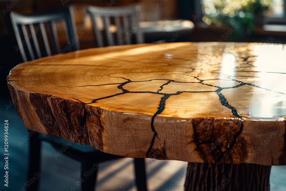 Fototapete This image features a round wooden table surface with distinctive black resin accents, creating a striking blend of natural wood grain and artistic design elements.