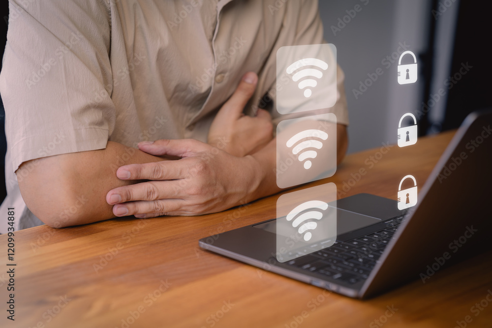 Poster Male user using a laptop computer connect to wifi, but not password, with virtual Wi-Fi icons and padlock symbols, representing secure wireless connections, internet safety, and data protection.