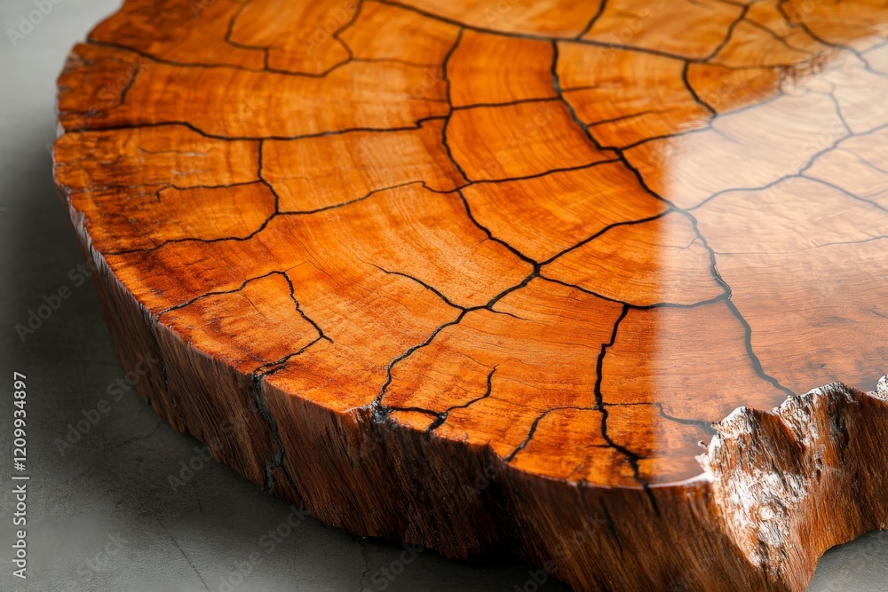 Poster a high-resolution photograph featuring a polished wooden slab with intricate cracks and patterns tha
