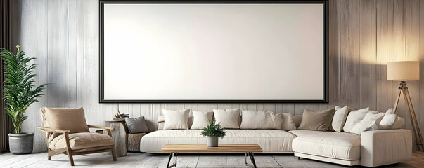 Modern living room mockup, large blank wall, wooden background