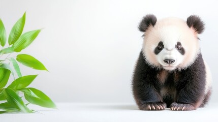 Fototapeta premium Cute panda cub sitting, bamboo leaves, white background, wildlife conservation