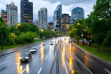 Obraz premium A city with tall buildings on the left and right, green trees in front of them, cars driving along an empty highway at night, rainy weather