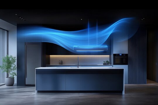 A sleek and modern kitchen layout featuring a central island and an innovative blue airflow representation, merging design with advanced ventilation technology.
