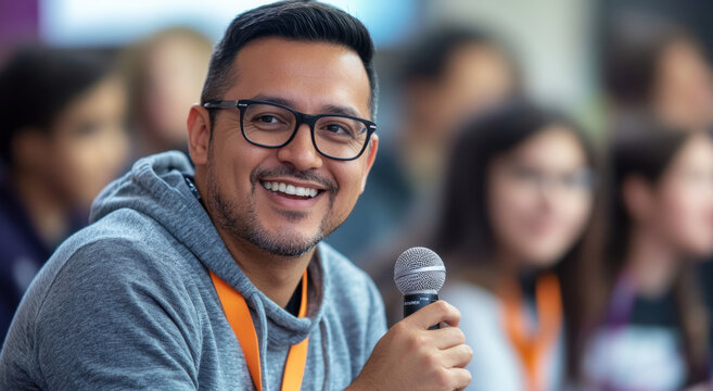 A smiling middle-aged Hispanic man engages with the audience, holding a microphone at a community gathering. His warm expression reflects the positive atmosphere around him.