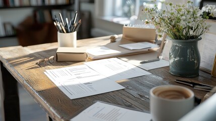 Desk with organized resume drafts and cover letter templates