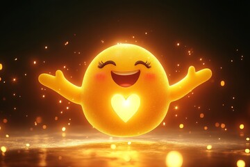 A radiant emoji character beaming with a glowing heart center on a dark backdrop, stretching its arms to embrace happiness and spreading warmth and joy.