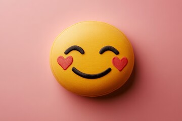 Fototapeta premium A round yellow emoji pillow with heart-shaped eyes and a smiling face, lying on a soft pink background, representing happiness and affection.