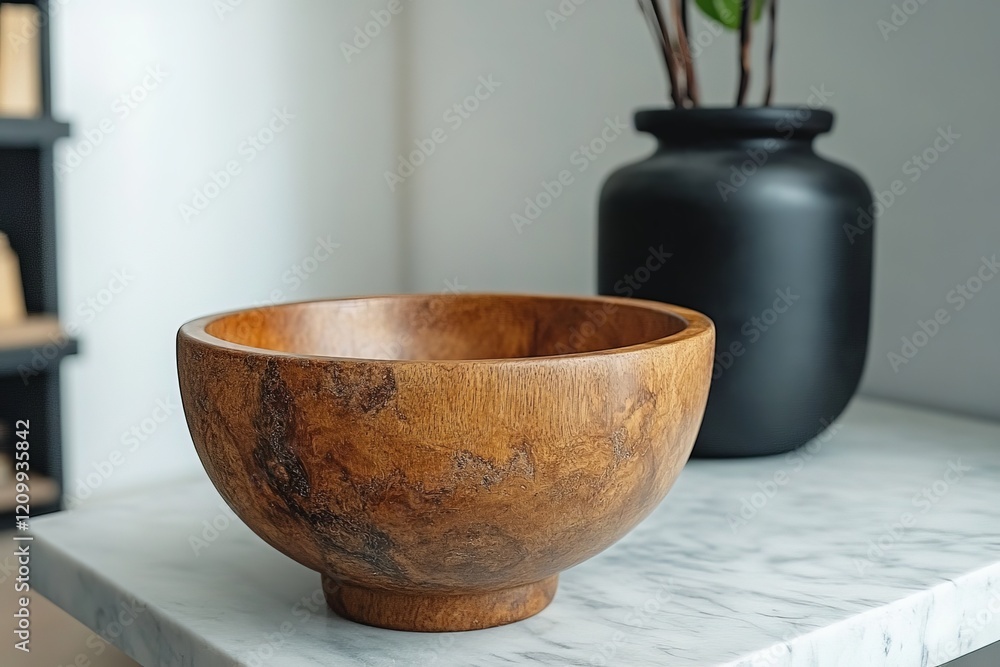 Poster a round wooden bowl featuring a rich, natural finish that highlights its grain patterns. the simplic