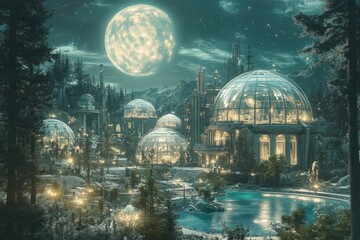 Fototapeta premium A whimsical village of glass domes lies under the glow of a fantastical moon, creating a mystical ambiance alongside lush forests and a serene water feature.