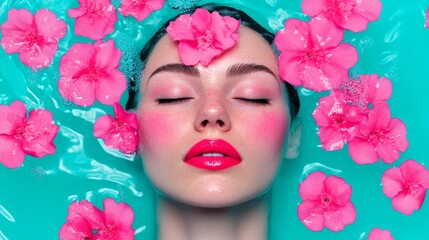 Floral Bath Bliss: A serene woman with vibrant makeup and pink flowers adorning her face, lies peacefully submerged in a turquoise bath, creating a captivating image of beauty and tranquility. 