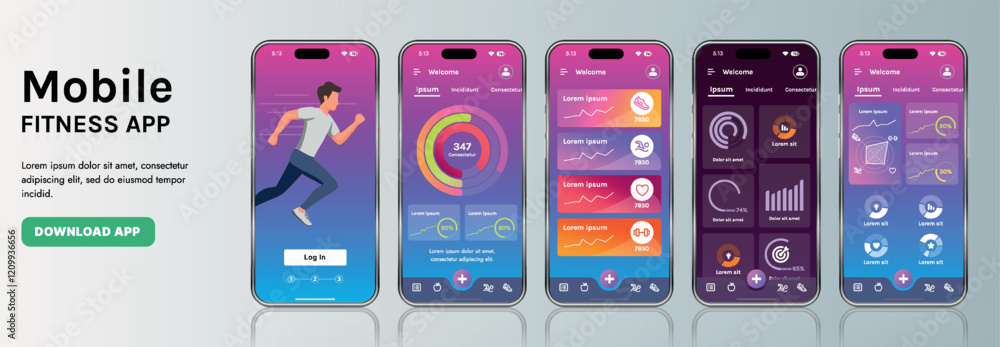 Wall mural a sleek fitness app interface template featuring responsive design elements, including dashboards, c