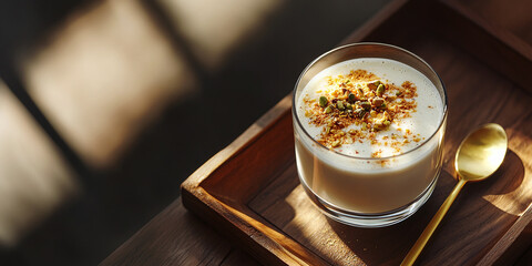 A close-up of saffron-infused milk in a glass, garnished with crushed pistachios, resting on a wooden tray under warm, natural light, conveying elegance and culinary indulgence.