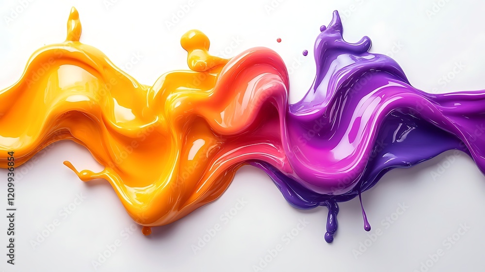Poster fluid color fusion: abstract art of vibrant orange and purple paint swirling together in a dynamic w