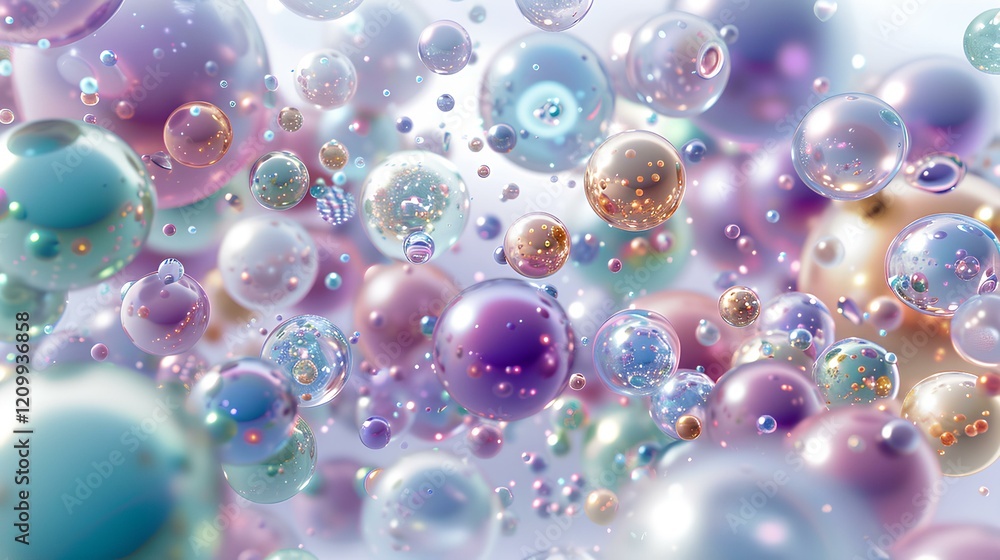Poster colorful spheres and balls floating in the air, creating an abstract background with a white-gray gr
