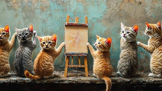 Kitten Art Critics: Seven adorable kittens of various ginger and grey hues gather around an easel, their paws gently touching the canvas, creating a whimsical and charming scene.  