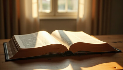 Open Holy Bible with sunlight streaming in, spiritual and peaceful mood, on wooden table, soft natural light