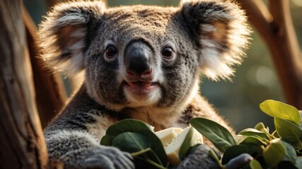 Fototapeta premium A close-up of a koala holding leaves, showcasing its adorable expression and natural habitat.