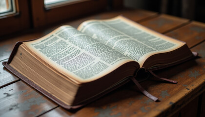 Obraz premium Vintage Holy Bible with worn pages, textured and aged mood, on wooden table, soft diffused light