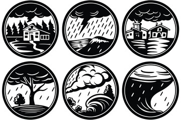 Hand-Drawn Disaster Illustration Set: Contour Sketches of Natural Calamities like Sandstorms, Droughts, and Heavy Rain