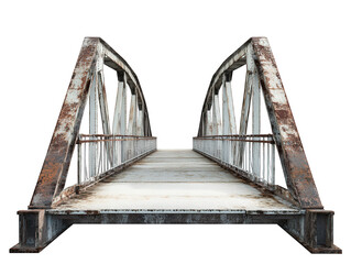 a weathered. rusty metal bridge with an arched design. emphasizing its structural elements and aged appearance the bridge appears to be a pedestrian crossing. highlighting its purpose for transportati